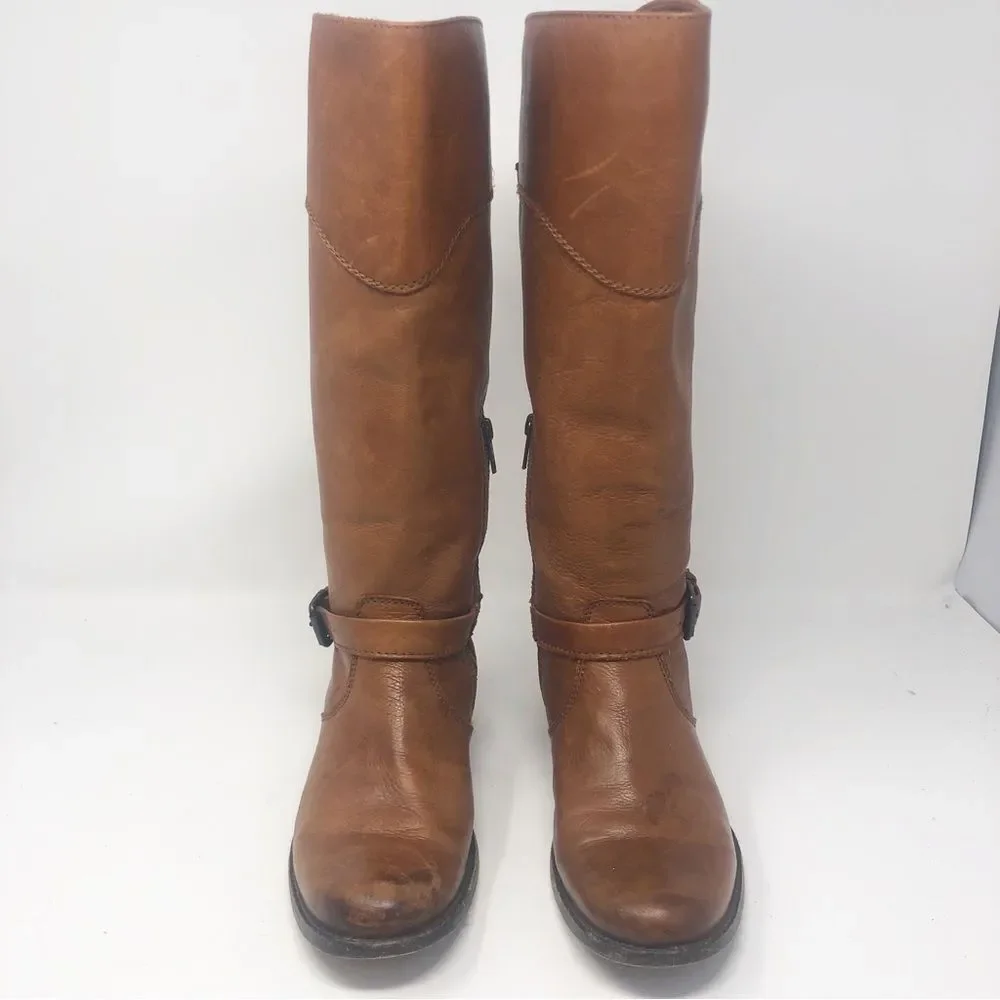 FRYE | Phillip Belted Tall Riding Boots in Cognac Tan Leather Women’s Size 7.5